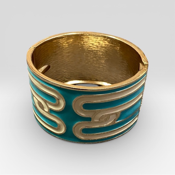 Vintage Gold and Teal Enamel Cuff Bracelet - Picture 5 of 5